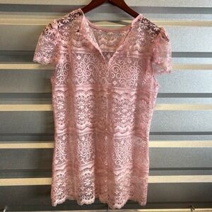 Vintage Sheer Lace V Neck Short Sleeve Blouse Pink Tunic Top Coquette Victorian